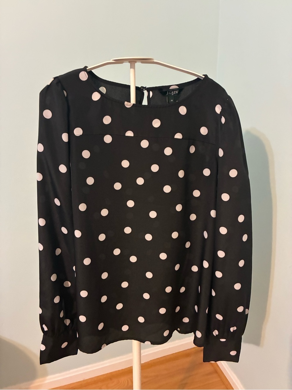 J. Crew Black Blouse with Light Pink Polka Dots
